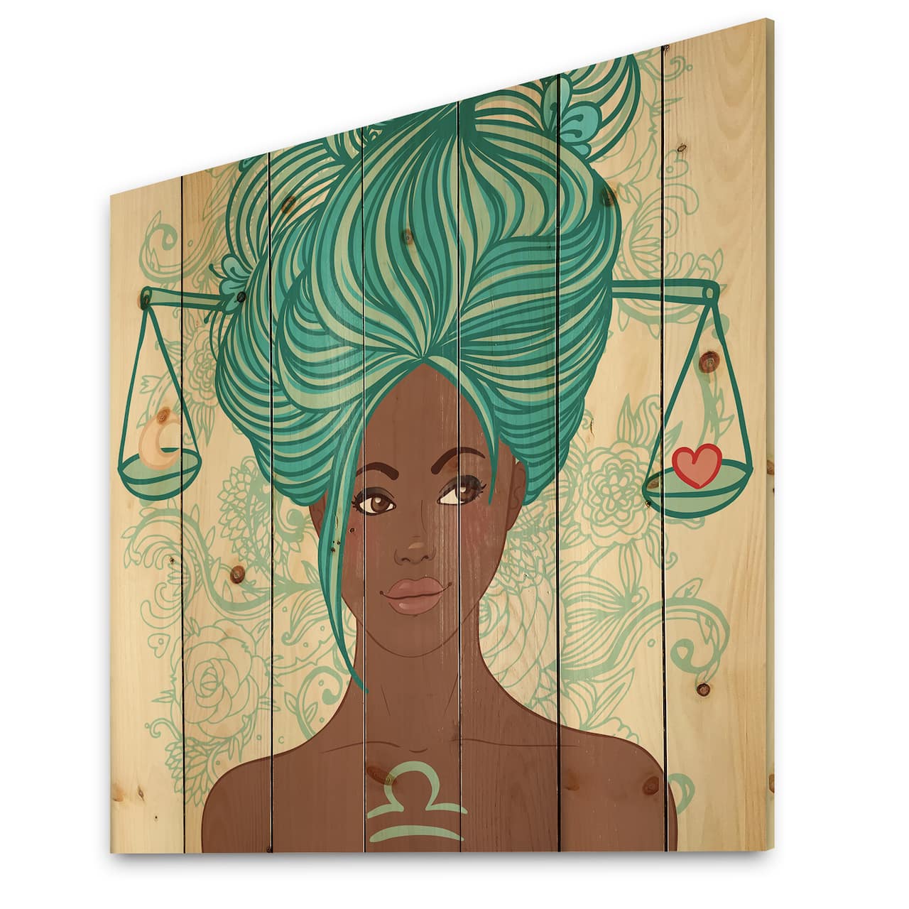 Designart - Portrait of Afro American Woman With Blue Hair I - Modern Print on Natural Pine Wood